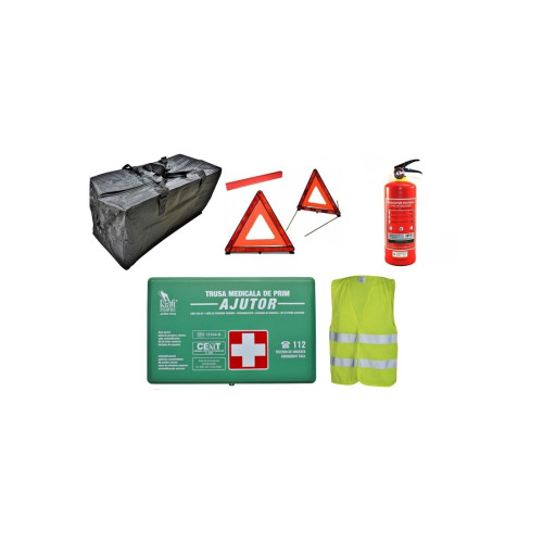 Kit siguranta auto complet  Trusa cutie Verde, 2x Triunghiuri, Stingator, Vesta, Geanta