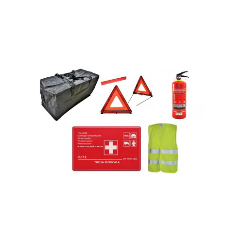 Kit siguranta auto complet trusa cutie rosie 2 triunghiuri stingator vesta geanta