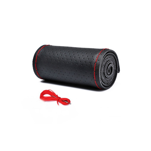 Husa volan cu ac si ata piele cu gaurele marime M 38cm negru cusatura rosie Premium Cod: LUXFST01