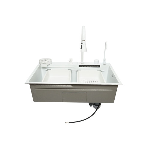 Chiuveta bucatarie otel inoxidabil cu doua baterii, functie cascada, spalator pahare, dozator sapun, scurgator, tava, tocator si accesorii scurgere incluse, 75x46x23.5cm Cod: DISPK13